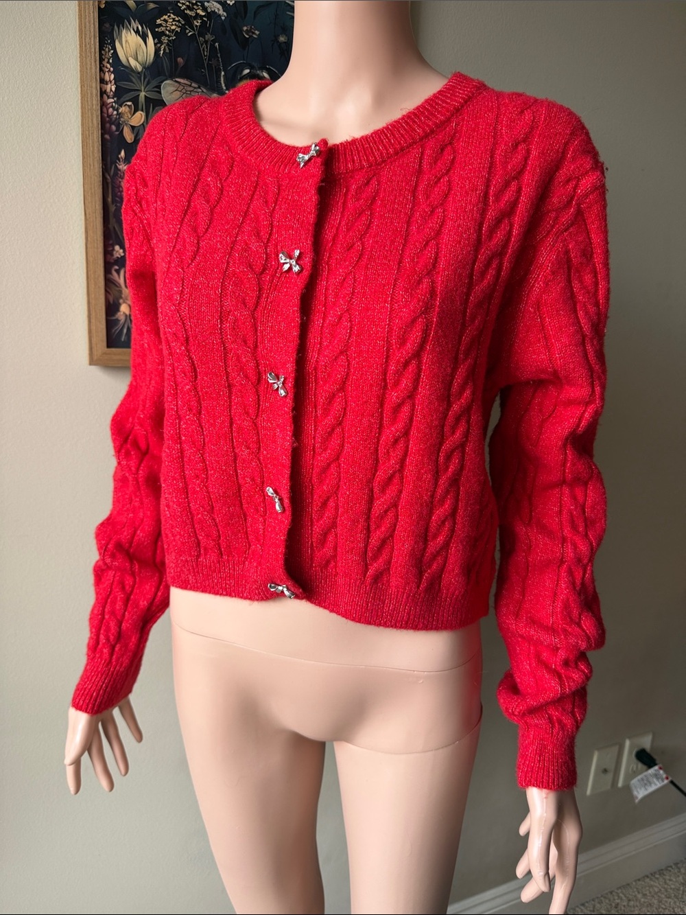 Jessica Simpson Red Cable Knit Cropped Cardigan with Bow Buttons